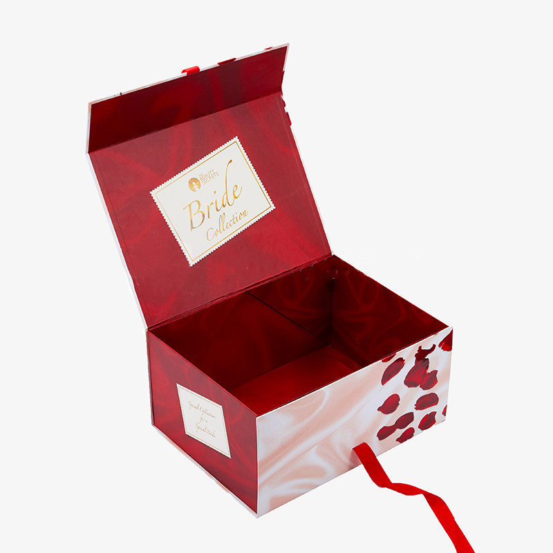 Caja de boda roja plegable con cinta